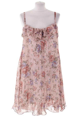 Sukienka letnia trapezowa w kwiaty z falbanką - Różowa  5% jedwab