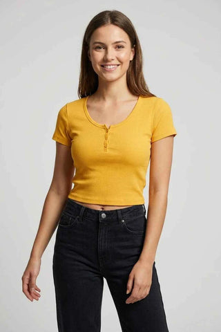 Top prążkowany crop henley - Żółty