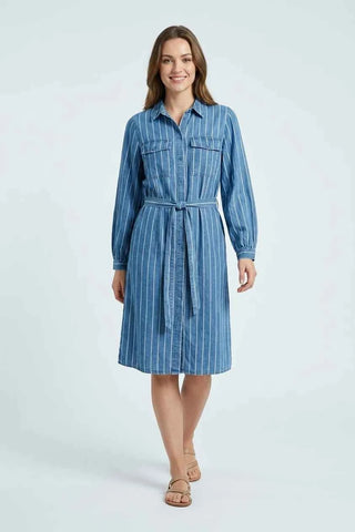 Sukienka szmizjerka w paski denim - Niebieska  100% lyocell