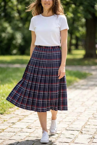 Spódnica plisowana w kratkę - Granatowa