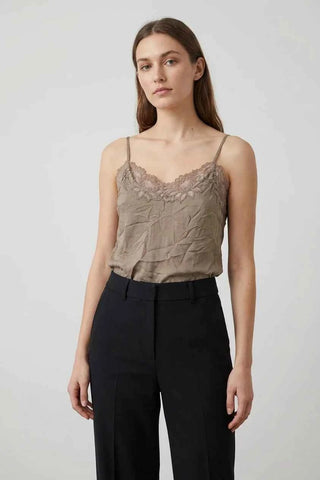 Brązowy Top na Ramiączkach z Elegancką Koronką  100% jedwab