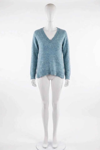 Sweter damski z dekoltem V - Niebieski  34% moher, 34% wełna