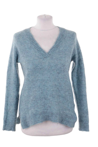 Sweter damski z dekoltem V - Niebieski  34% moher, 34% wełna