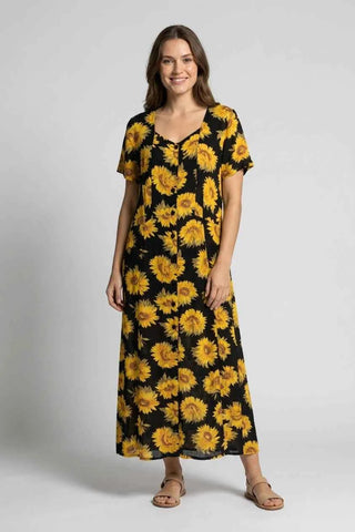 Sukienka maxi w słoneczniki czarna  15% len