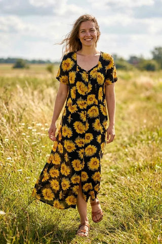 Sukienka maxi w słoneczniki czarna  15% len